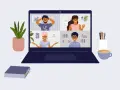 Un incontro da remoto con quattro persone in videochiamata su un laptop. Sullo sfondo, una pianta, una tazza di caffè e un quaderno.