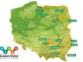 Mapa Polski z zaznaczonym szlakiem rowerowym Green Velo. Trasa prowadzi przez malownicze tereny, w tym okolice Świętokrzyskie.