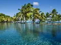 Luksusowy basen z palmami w tle, idealne miejsce na wakacje na Mauritiusie w lutym.