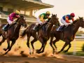 Trois jockeys colorés mènent une course de chevaux intense. Les sabots soulèvent la poussière, un spectacle captivant pour les amateurs de statistique hippique.