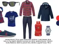 Modne połączenia kolorów: granatowa kurtka, czerwono-niebieska koszula w kratę, niebieski t-shirt i szalik, czerwony plecak.
