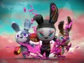Tres conejos con guantes de boxeo, salpicados de pintura rosa, listos para la acción como "bunny raiders".