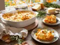 Un délicieux gratin patate douce, doré et gratiné, servi dans un plat blanc et sur deux assiettes. Parfait pour un repas d'automne.