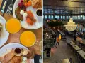 Frühstück mit Lachs und Orangensaft, daneben ein großer Speisesaal mit Kronleuchter – tolle berlin foodspots.