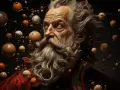 Retrato de un anciano sabio con barba, rodeado de esferas que evocan el cosmos, como en la biografía de Galileo Galilei.