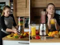 Kobieta przygotowuje smoothie w blenderze kielichowym, pokazując, co można zrobić w blenderze kielichowym: zdrowe napoje z owoców.