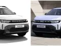 Dwa białe SUV-y, jeden z napisem RENAULT, drugi z logo Dacia, oba z nazwą DUSTER.