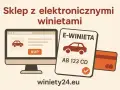 Sklep z e-winiety Czechy gdzie kupić. Komputer z przyciskiem "KUP", e-winieta z numerem rejestracyjnym i karta płatnicza.