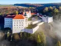 Majestatyczny zamek pod Krakowem, otoczony mgłą i jesiennym lasem, wznosi się na wzgórzu.