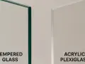 Close-up of tempered glass and acrylic plexiglass edges. Acrylic plexiglass is used for displays, barriers, and signage due to its durability.