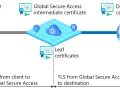 Schemat wyjaśnia, jak działa TLS: od urządzeń klienckich przez Global Secure Access do serwera docelowego, z użyciem certyfikatów.