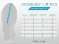 Tabela rozmiarów obuwia z instrukcją, jak zmierzyć stopę. Pokazuje europejskie, angielskie rozmiary i długość stopy w cm.
