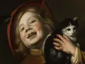 Dziecko w czerwonym kapeluszu z piórkiem, trzymające czarno-białego kota. Obraz Judith Leyster.