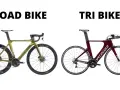 A green tt bike and a red tri bike are shown side-by-side, highlighting their distinct frame designs and handlebars for speed.