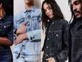 Modelli diversi indossano giubbotti di jeans, alcuni con borchie, altri classici. Un giubbotto sopra giacca è un look versatile.