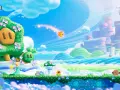 Rosalina explora un mundo especial de Mario Wonder, con un árbol con cara de cerdo, flores y un cielo vibrante.