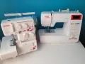 Dwie maszyny do szycia: biały owerlok Janome 990d z czerwonymi kwiatami i biała maszyna Juno by Janome J30.