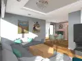 Nowoczesny salon z jadalnią, szara kanapa, drewniany stolik, stół z miętowymi krzesłami, ceglana ściana.