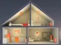Schnitt durch ein Haus mit Heizkörpern und Sonnensymbol.