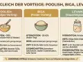 Vergleich von Vorteigen: Poolish, Biga (fester Teig) und Levain. Biga ist ein fester Teig mit ca. 50-60% Hydratation.