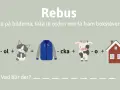 Rebus puzzle with images of a sun, cat, jacket, cow, and house, with text and symbols.