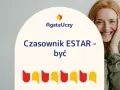 Uśmiechnięta rudowłosa dziewczyna uczy się hiszpańskiego. Czasownik ESTAR - być.