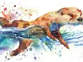 Un dessin à l'aquarelle d'une loutre nageant joyeusement dans des eaux bleues et vertes, avec des éclaboussures de couleurs vives.