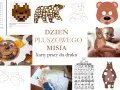 Kolaż z różnymi wizerunkami misiów: rysunki, maska, misie z liści, karty pracy.