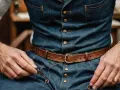 Mężczyzna w białej koszuli i kamizelce z denimu, z brązowym paskiem, szyje przy użyciu igły i nici. Materiał kamizelki to wytrzymały twill.