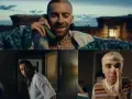Malik Montana na dachu z zieloną słuchawką, jakby rozmawiał z papugą. W tle inny mężczyzna w białej koszuli.