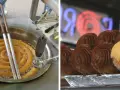 Churros z czekoladą kontra pączki z lukrem. Smażone churros w oleju i gotowe, udekorowane słodkości.