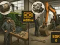 Mechanicy pracują przy traktorze i koparce. Na ekranie laptopa schemat, obok narzędzia. Widoczne symbole AdBlue i EGR.