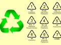 Znak recyklingu i symbole oznaczające podział tworzyw sztucznych: PET, PE-HD, PVC-U, PVC-P, PE-LD, PP, PS, PS-E i inne.