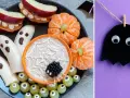 Rolig halloweenmat för barn: bananghay, äppelskräck och spindelnätsdipp.