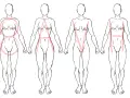 Quatre silhouettes féminines esquissées, chacune avec des formes géométriques roses sur le torse et les hanches, illustrant des bases de dessin de fille.