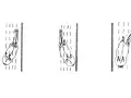 Drei schematische Darstellungen von Pferden, die im Trab reiten. Die Pferde bewegen sich auf einer Bahn, die durch vertikale Linien angedeutet wird.