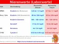 Tabelle zeigt Nierenwerte im Blut und Urin, wie Kreatinin, Harnstoff und Harnsäure, mit Normwerten für Männer und Frauen.