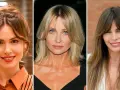 Trzy kobiety: jedna z upiętymi włosami, druga z blond włosami i grzywką curtain bangs, trzecia z długimi brązowymi włosami i grzywką curtain bangs.