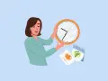 Mujer sonriente con un reloj, preguntándose cuánto se tarda en aprender francés. Hay un calendario con imágenes de hojas y un árbol.