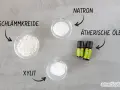 Zutaten für zahnpulver selber machen: Schlämmkreide, Natron, Xylit und ätherische Öle.