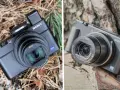 Dwa aparaty Sony RX100 II leżą na naturalnym tle. Jeden na igliwiu, drugi na korze drzewa.