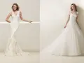 Due abiti da sposa in pizzo, uno a sirena con scollature particolari e l'altro principesco con maniche lunghe.