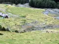 Vue aérienne du hospice du Rioumajou, avec ses bâtiments, des chevaux et des moutons dans des enclos, au milieu d'une vallée verdoyante bordée de pins.