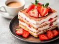 Pyszny deser tiramisu z truskawkami, idealny gdy szukasz czegoś zamiast amaretto. Podany z kawą.