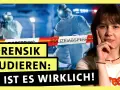 Ein junges Mädchen denkt nach, während im Hintergrund Forensiker in Schutzanzügen einen Tatort absperren. "Forensik studieren: So ist es wirklich!