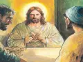 Jezus w Emaus łamie chleb z uczniami. Wokół niego złota poświata.