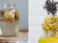 Słoik z wodą i skórkami bananów, obok pokrojone skórki i wysuszone resztki. Naturalny nawóz ze skórki banana gotowy do użycia.