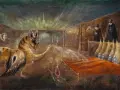 Œuvres d'art de Leonora Carrington : une créature hybride crache sur des têtes flottantes devant des figures en robe.