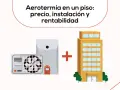 Unidades de aerotermia y un edificio, representando la instalación de aerotermia en un piso.