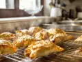 Empanadillas doradas y humeantes enfriándose en una rejilla.
